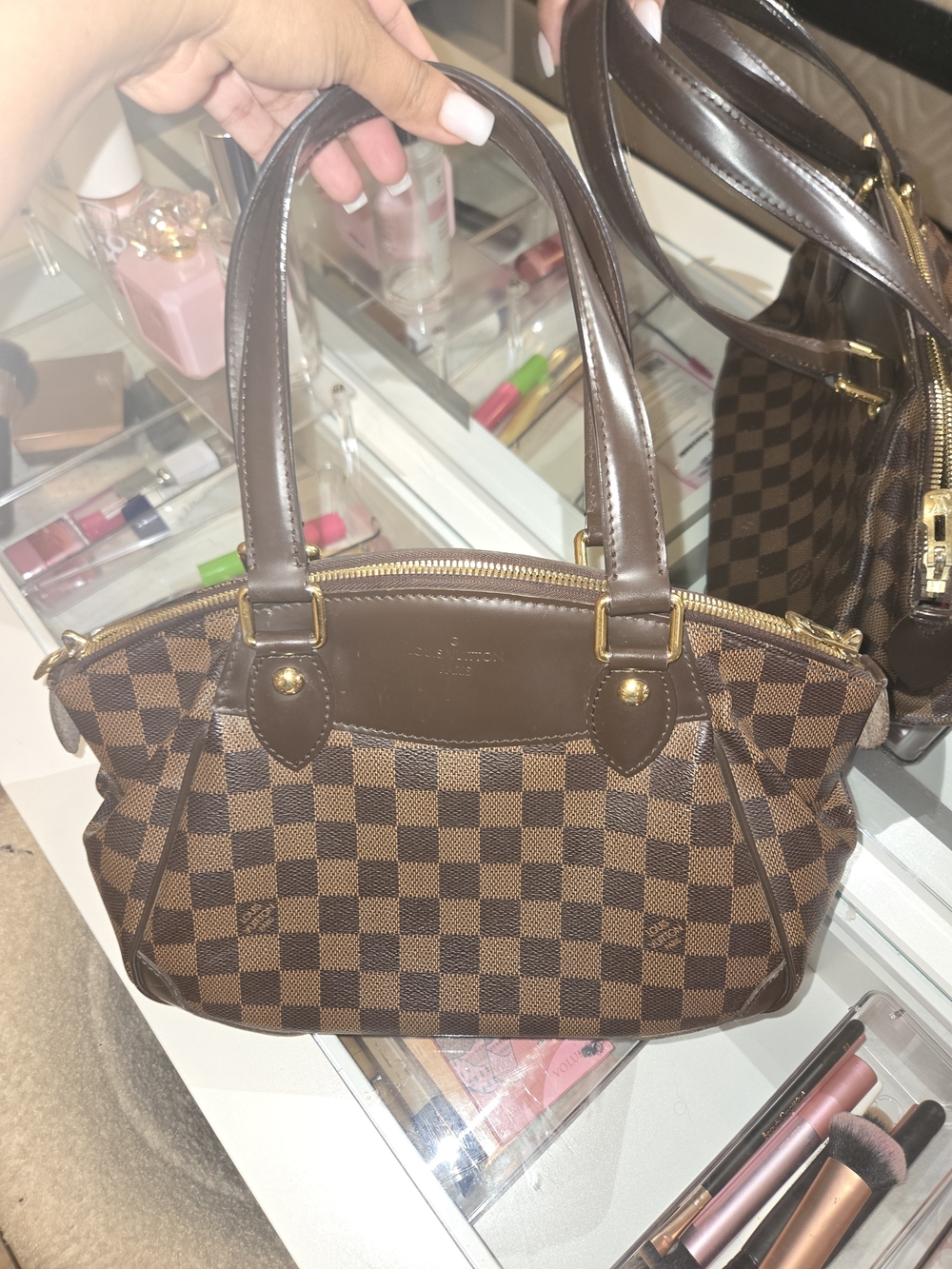 Brown Checkered Shoulder Bag with Double Handles